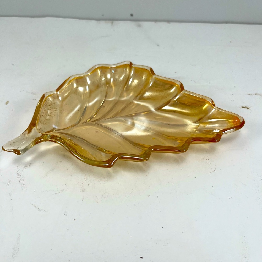 Vintage Fall Leaf Carnival Iridescent Depression Glass Trinket Dish